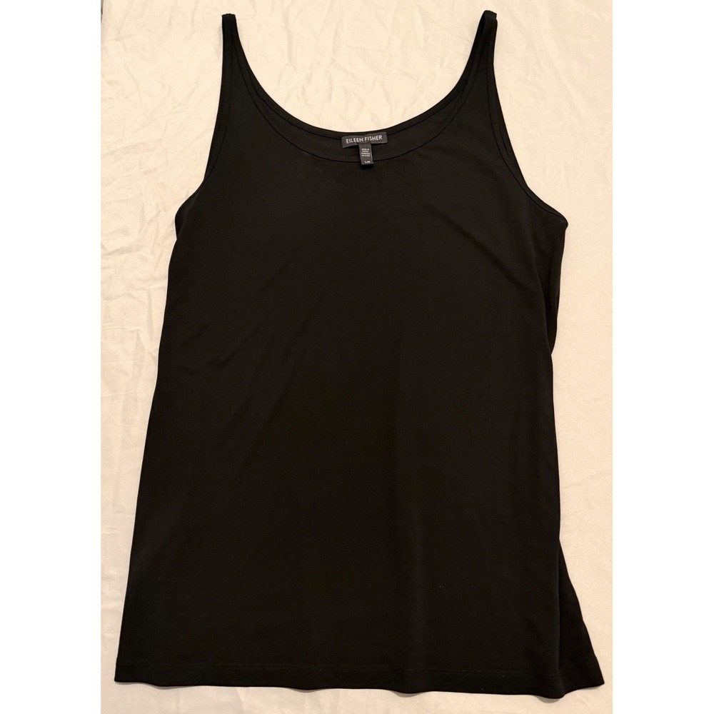Eileen Fisher Black 100% Silk Jersey Scoop Neck Tank Top Womens Large Thin Strap